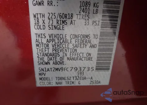 2015 Nissan Rogue Sl z USA, uszkodzony, nr VIN 5N1AT2MV9FC793735